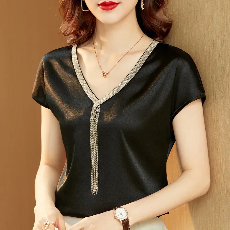 Office Lady Casual Loose Tops Mujer Satin Blouse Women Summer Short Sleeve Shirt Solid Fashion Tassel V-neck Clothes 15494