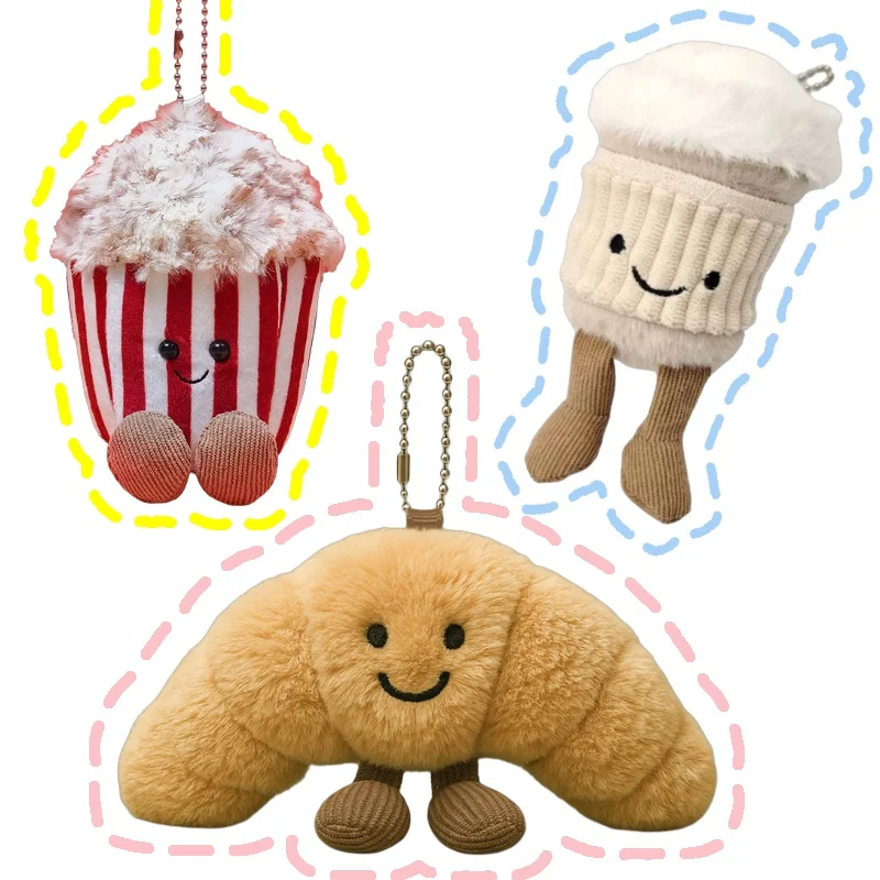 

9cm Kawaii Smiley Plush Keychain Croissant Popcorn Coffee Cup Charms Soft Stuffed Animal Accessories for Bags/Keys Gift For Kids