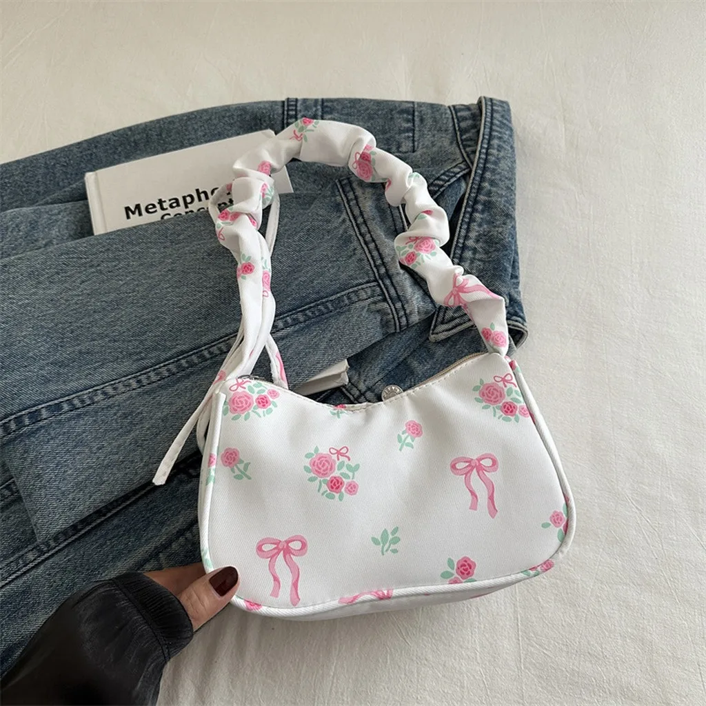 Floral Print Shoulder Bag Drawstring Women'S Underarm Bag Bow Floral Print Bag Sweet For Shopping Dating Campus Life