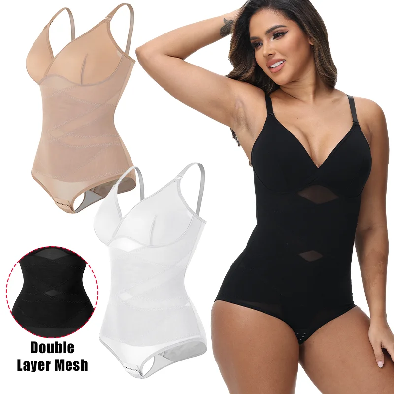 

Women's Sexy Cross Mesh Bodysuit Compression Shapewear Full Body Shaper Adjustable Strap Camisole Tummy Control Slimming Corset