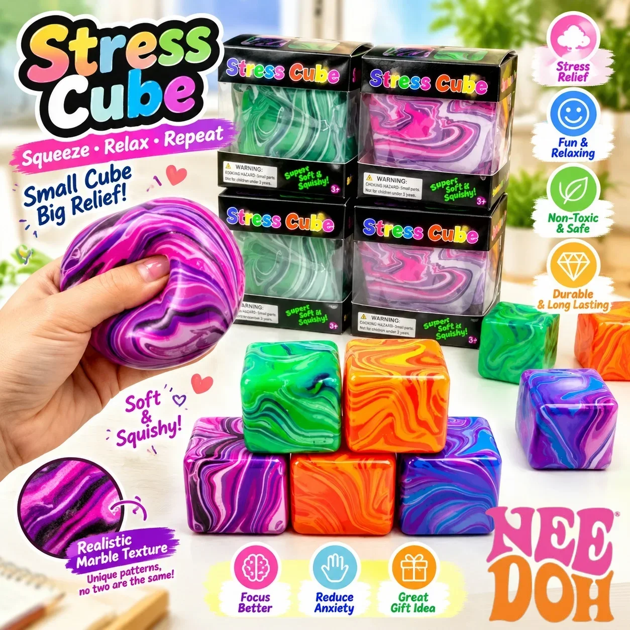 Needoh Stress Cube Fidget Marbled Swirl Solid Squish Cube Decompression Squeeze Anti Stress Relief Sensory for Party Favor