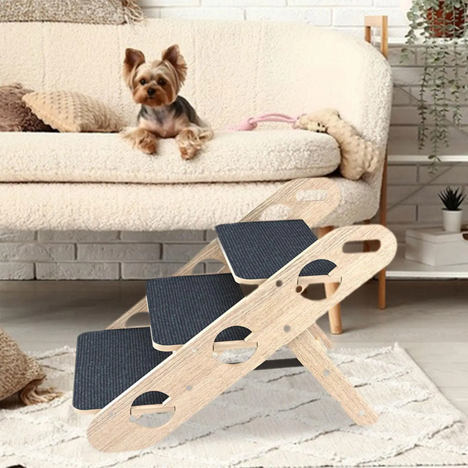 

Wood Pet Stairs Foldable Non Slip Pet Steps Indoor Extra Wide Carpeted 3 Tiers for Indoor Use Dogs Injured Cats Sofa Small Pets