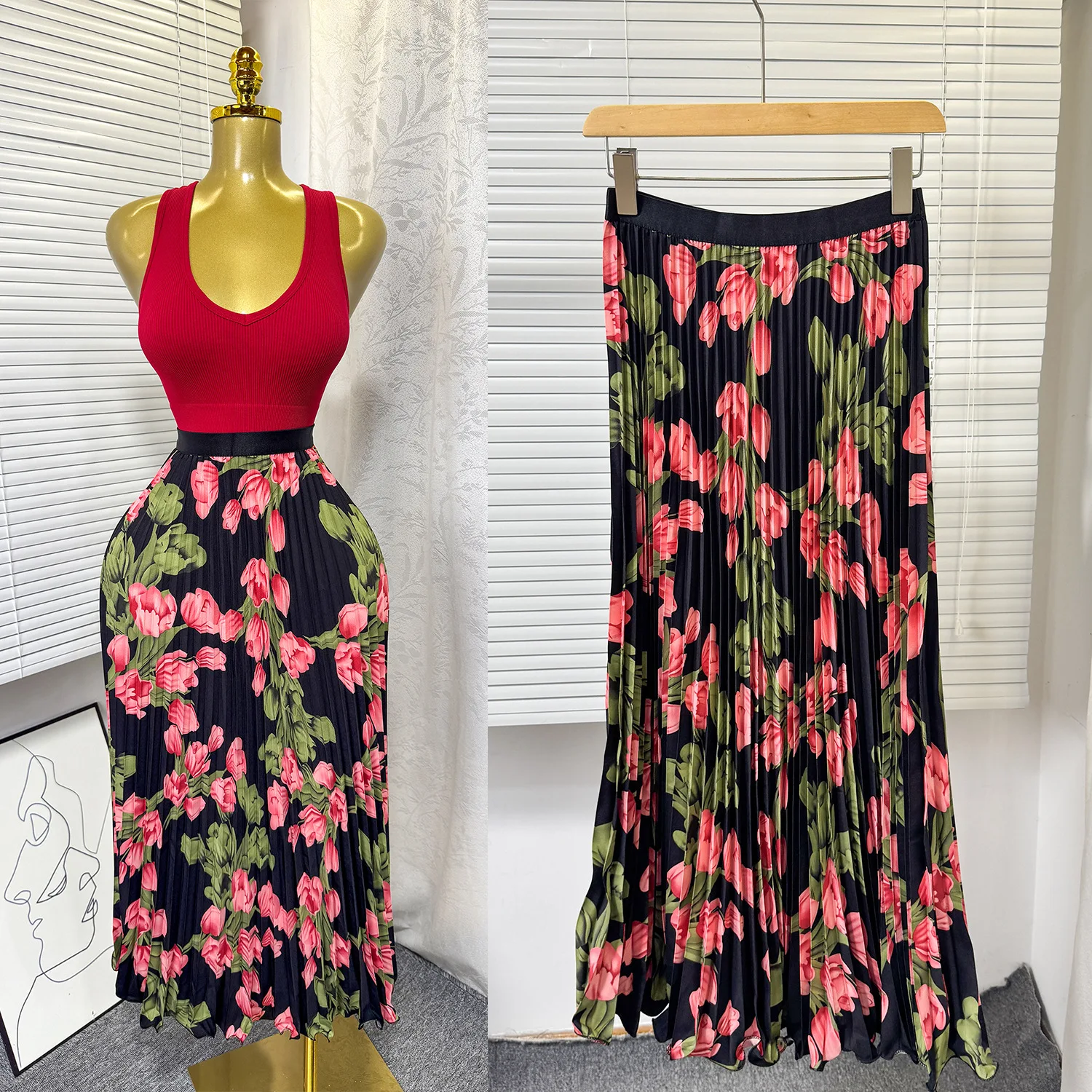 

2026 Summer New Pattern Pleated A Line Half Skirt Elastic Waist Big Swing Ruffle Slimming Versatile Commuting Skirt