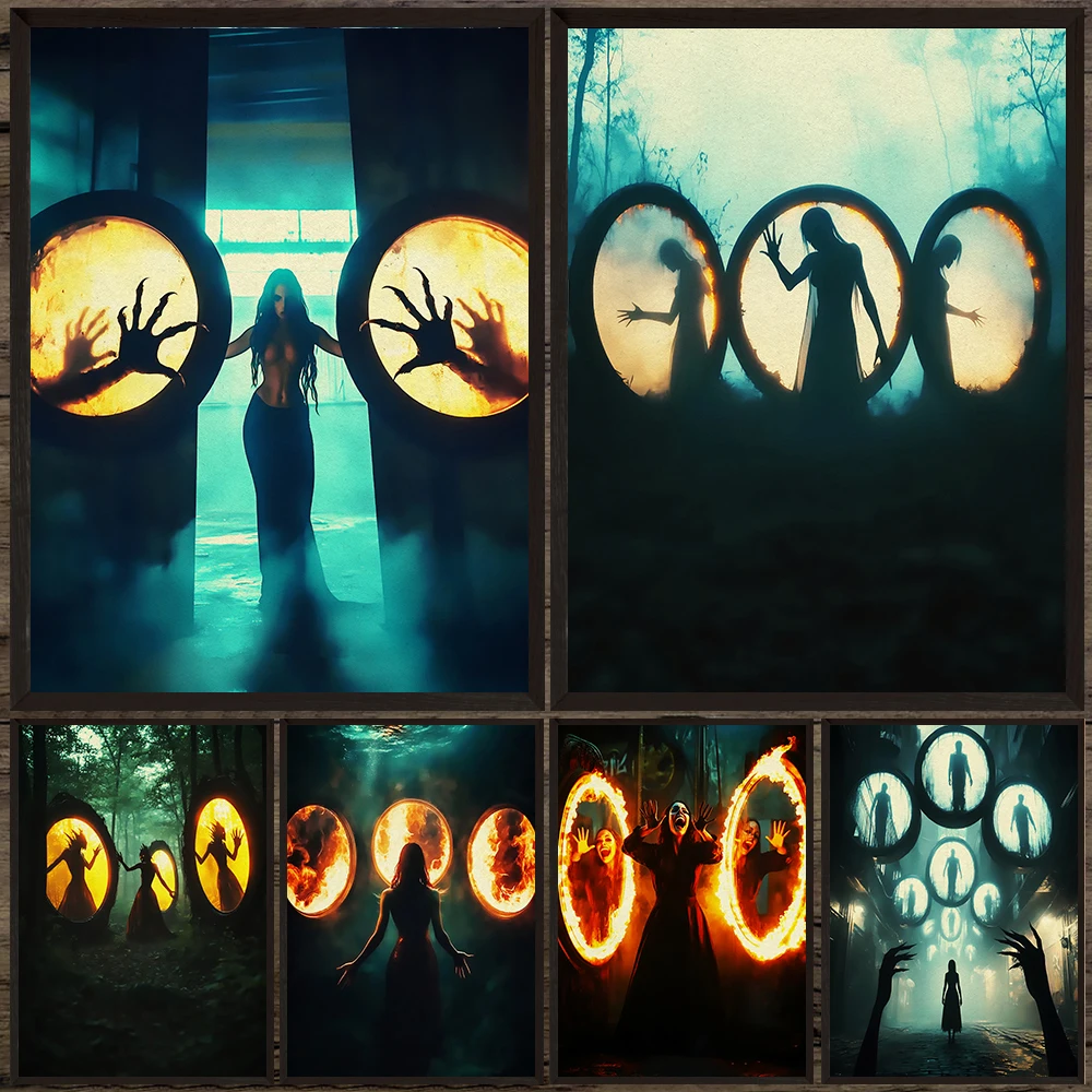 The Terrifying Phantom Of The Mirror World Vintage Wall Art Canvas Painting,Demons From The Otherworld Gothic Art Poster Print