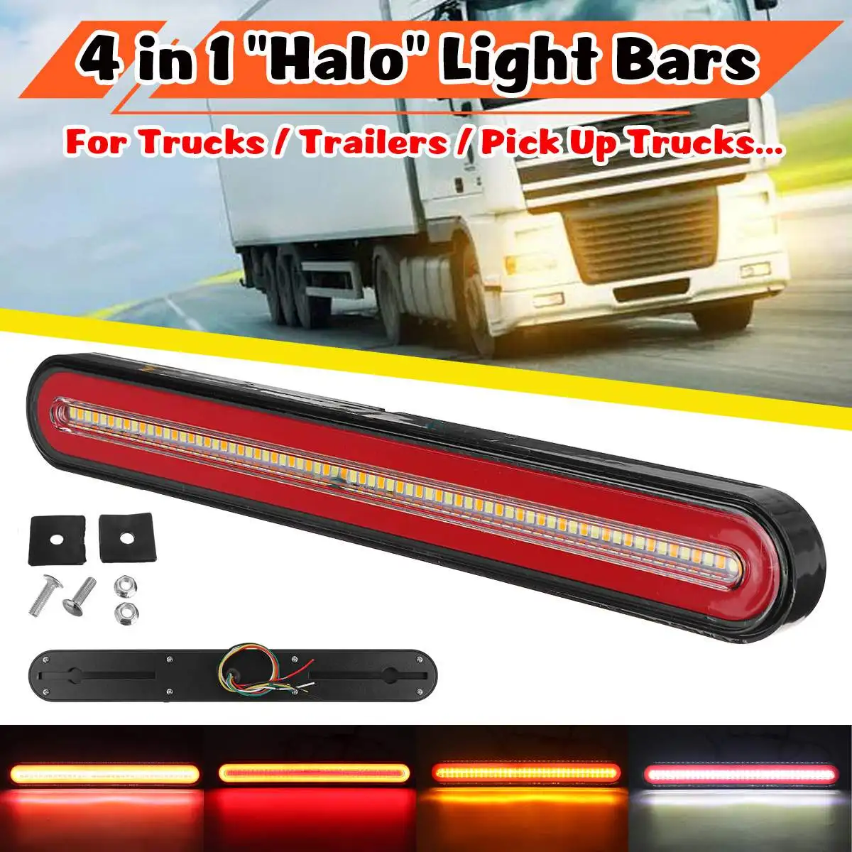 4/2/1x 4 in 1 Neon Halo Ring Tail Brake Stop Lamp Waterproof LED Trailer Truck 3rd Brake Light Turn Signal Light 12V 24V