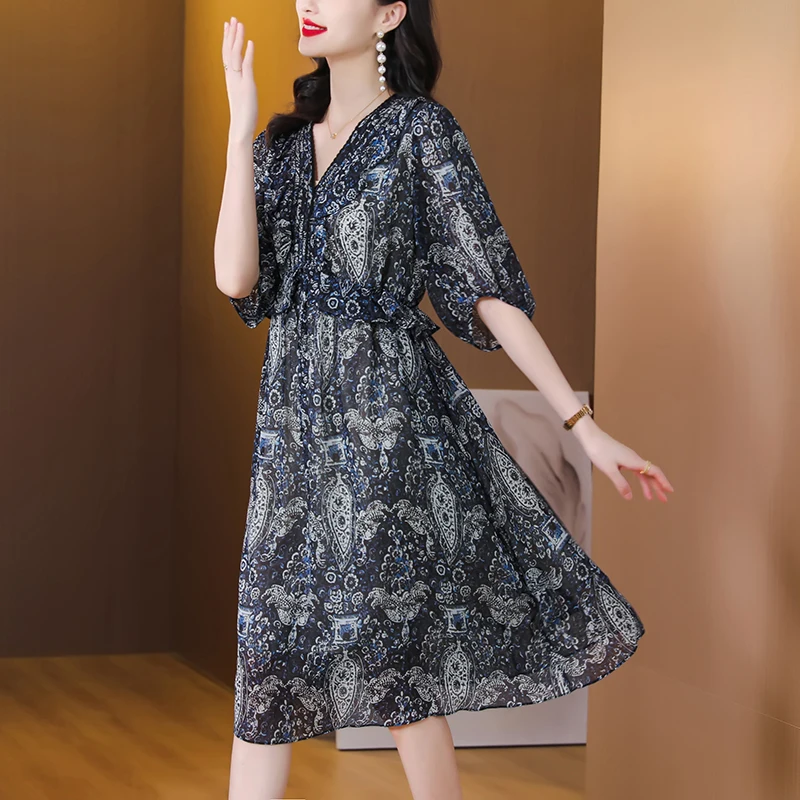 

Silk Vintage Summer Satin Floral Dress Women Midi Elegant 2024 New Fashion V-Neck Bodycon 023 New Korean Elegant Bodycon Dresse