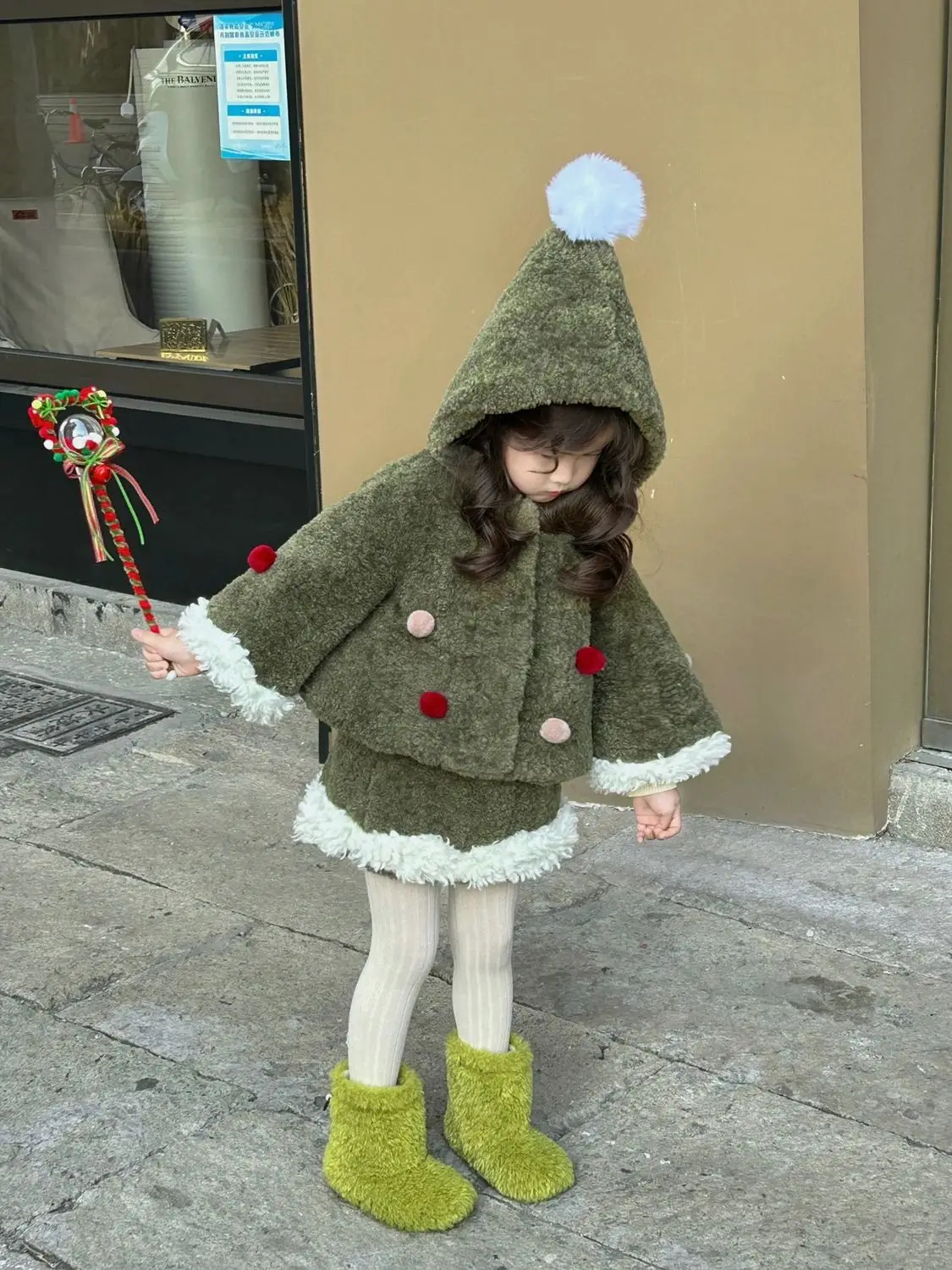 Korean Children's Clothing Girls' Christmas Green Set Autumn and Winter Baby Warm Hooded Cloak Jacket Two-piece Skirt Set