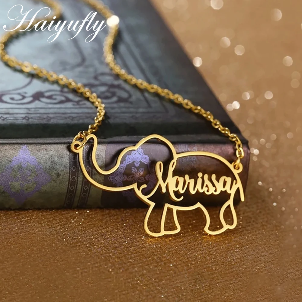 Haiyufly Personalized Custom Name Necklace for Women Stainless Steel Love Elephant Pendant Choker Chain Birthday Jewelry Gift