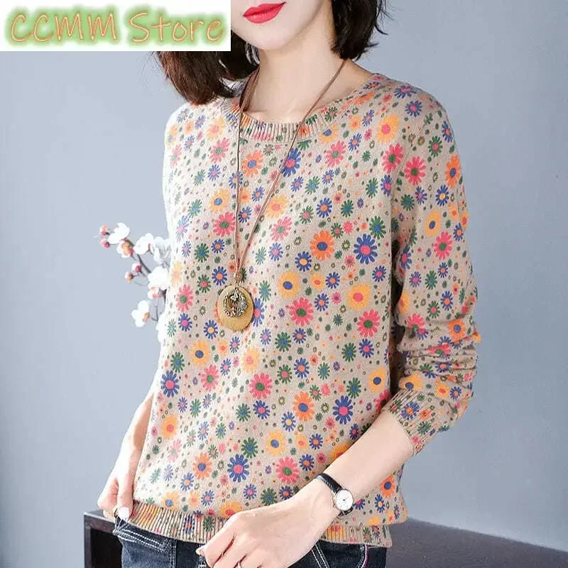 

Повседневные винтажные джемперы с цветочным принтом, женская одежда, с круглым вырезом, осень-зима, стильные корейские свободные вязаные свитера с завинчивающейся резьбой