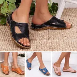 Women Arch Support Leather Sandals Slippers Summer PU Slope Heel Thick Sole Breathable Casual Slippers Sandals