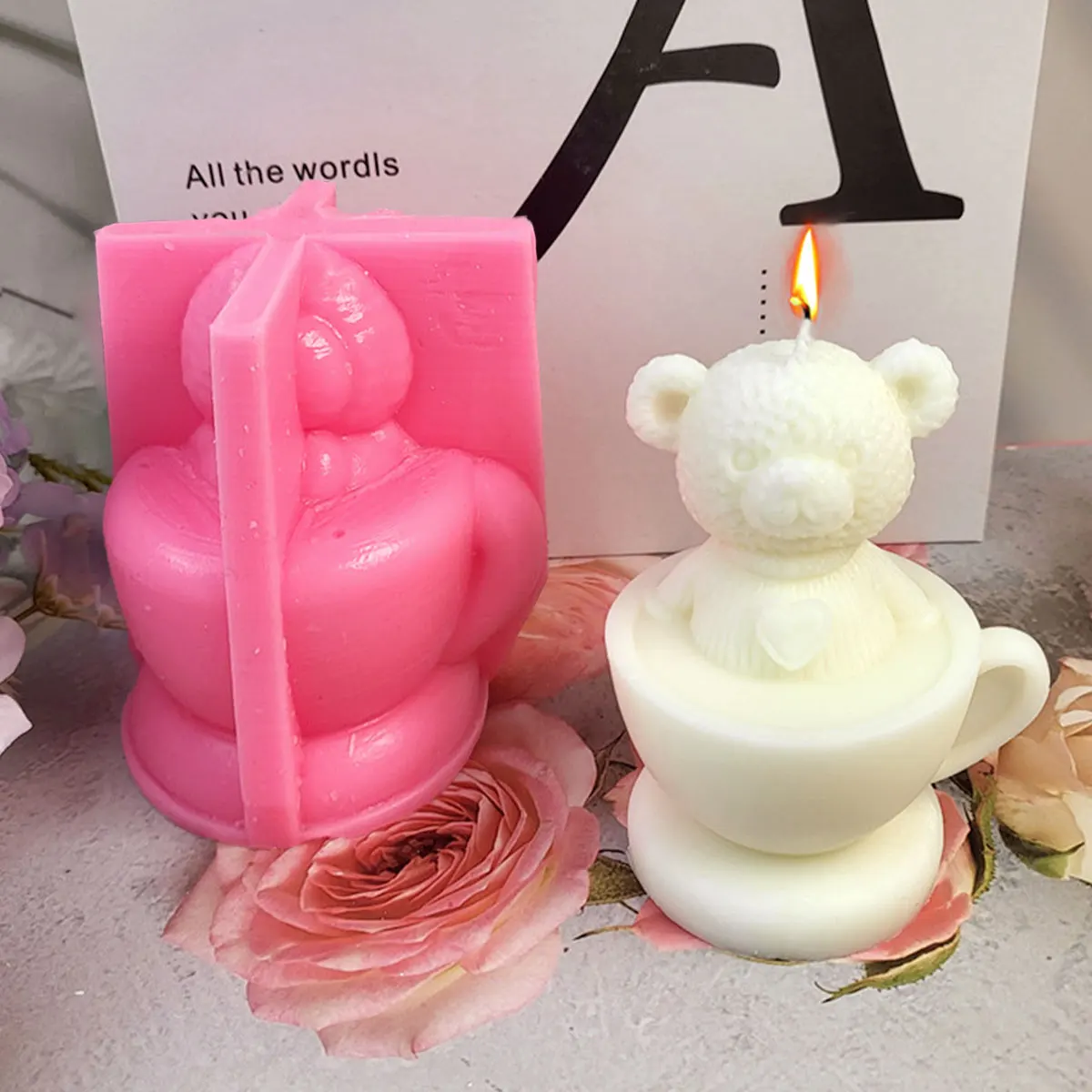 Tea Cup Teddy Bear DIY Candle Mould Cartoon Bear Soap Plaster Silicone Mold Animal Drink Ice Chocolate Mold Baby Room Decor Gift