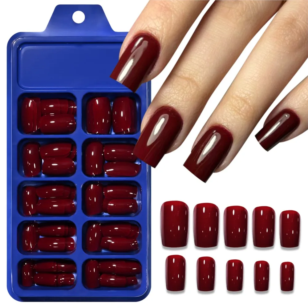120Pcs/Box Medium Square Press On Nails Glossy Wine Red Full Cover Fake Nails Reusable Artificial Nail Tips for Women Manicure
