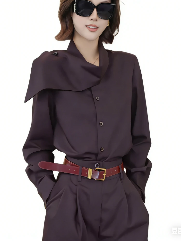 

Фиолетовая изысканная офисная блузка Old Money Vibe, женская облегающая рубашка с асимметричным воротником и длинными рукавами, элегантная французская рубашка большого размера