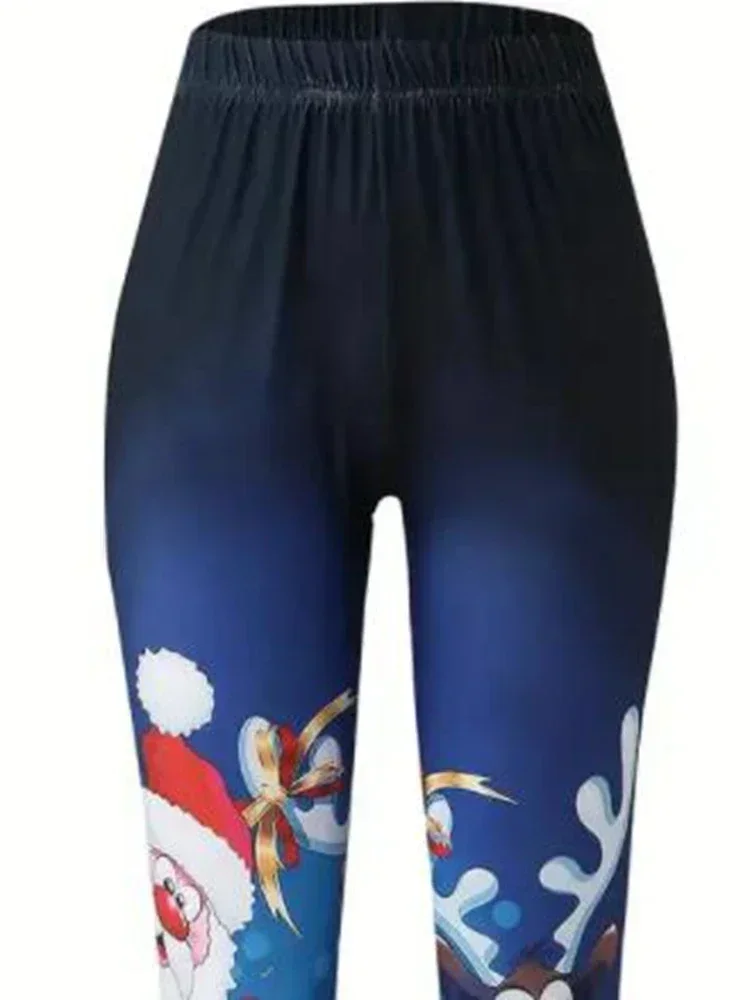 حجم كبير 1XL-5XL المرأة عادية عيد الميلاد طماق السيدات سانتا كلوز الرنة طباعة مطاطا عالية الارتفاع طفيف تمتد طماق #5