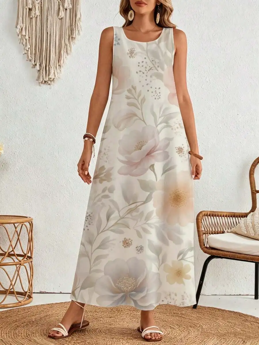 

Floral Print Sleeveless Maxi Dress Cream Soft Pink Beige Summer Beach Casual
