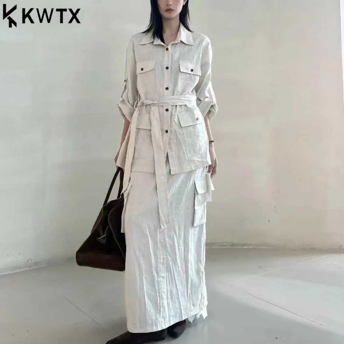 

BJTZ Women’s Suit 100% Linen Sets 2025 Outfits,Chic Belted Shirt Dress Set,Slim-Fit Blouse Skirt Combo,Casual Workwear Set