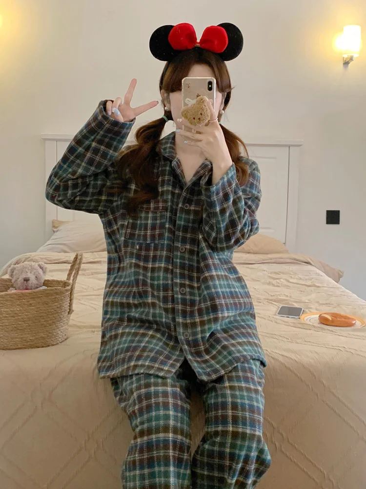 New Home Lovers Christmas 2colors Stripe Plaid Winter Vintage Long Sleeve Pajama Set Women Loose Kawaii Elegant Lazy Sleep Tops