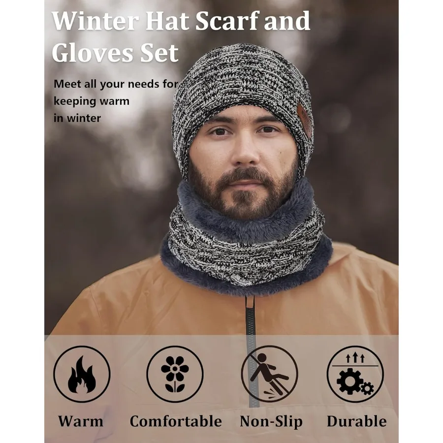 Zimowy zestaw czapka, szalik i rękawiczki dla kobiet i mężczyzn, luźna czapka beanie, ocieplacz na szyję, rękawiczki dotykowe do ekranów do użytku na zewnątrz w chłodne dni.