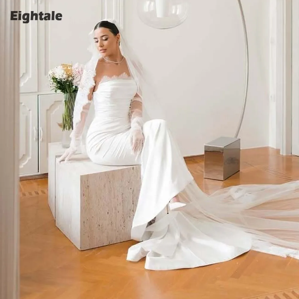 

Eightale Arabic Wedding Dresses Lace Strapless Customized Mermaid Satin Long Sleeves Bridal Gowns Vestidos De Novia