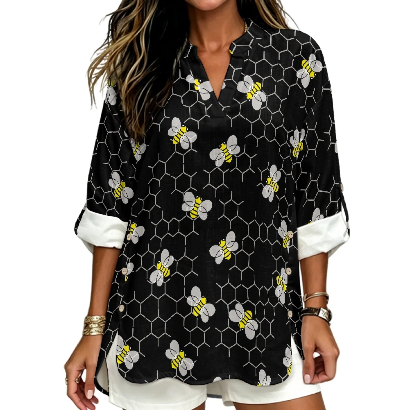 PENSTROLL Bees Honeycomb Pullover Long Sleeve Blouse for Resort Linen-Like Long Sleeve Blouses Sizes S-5XL