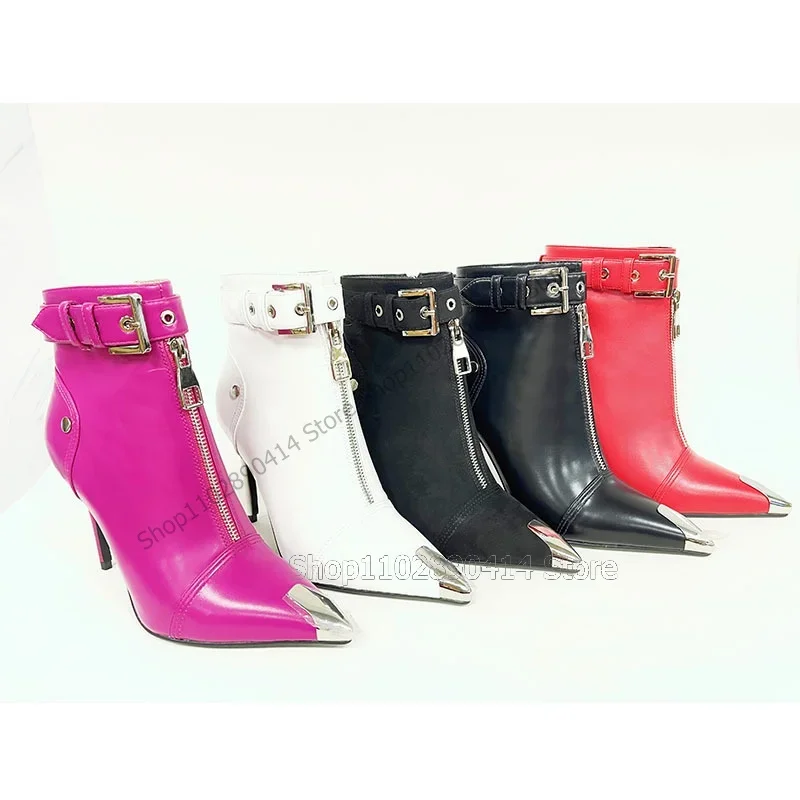 

Multi Colors Metal Buckle Zipper Pointed Toe Ankle Boots Side Zipper Women Shoes Thin High Heels Novel 2023 Zapatos Para Mujere