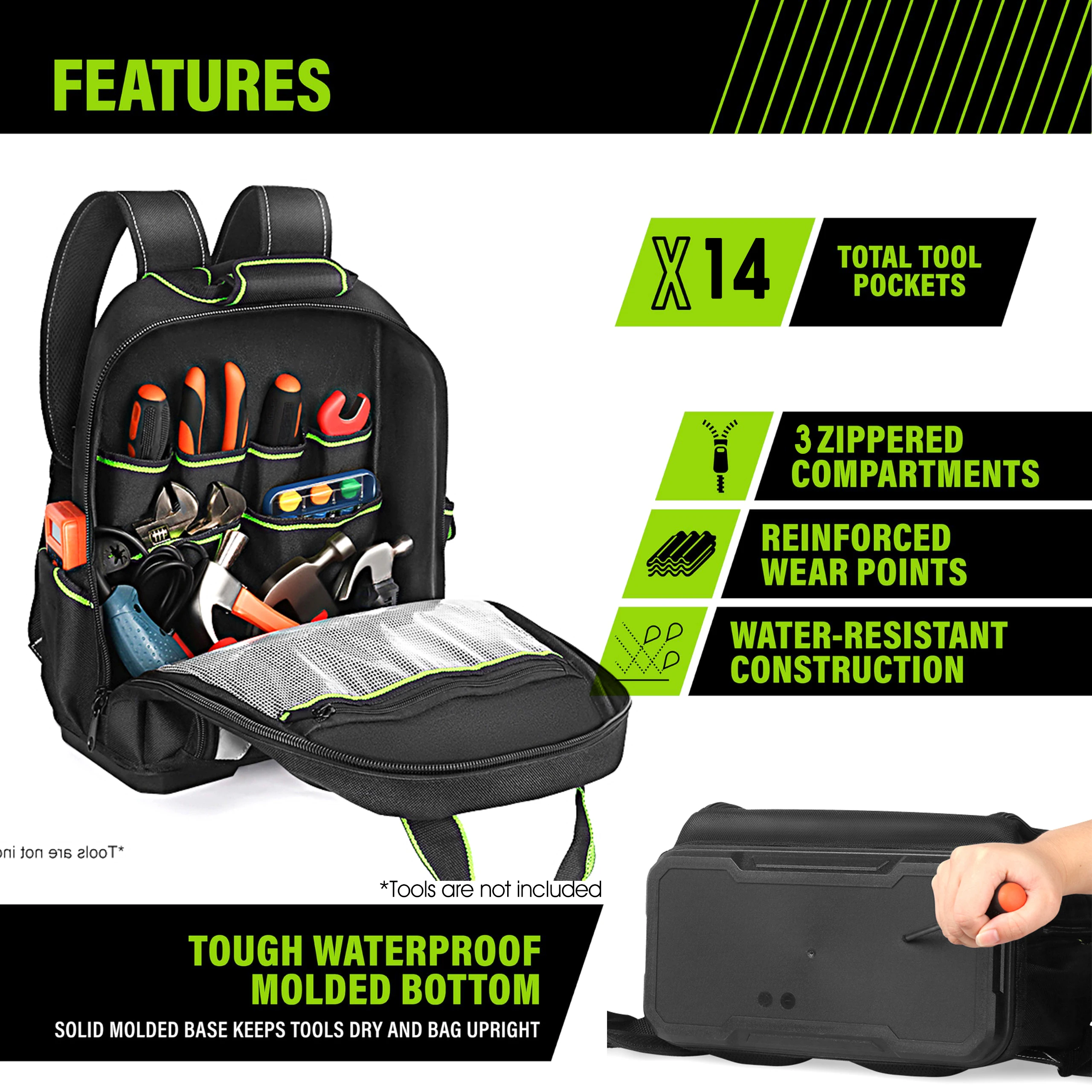 Jakah Tool Backpack with Plastic Bottom Organizer Electrician Professional Portable Complete Bag Storage Tools JK-161