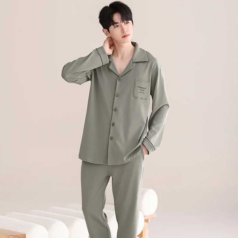 

Autumn Full Cotton Pijama for Men Soild Lounge Sleepwear Spring Pyjamas Cardigan 4XL Home Clothes Man Bedroom PJ Cotton Pajamas