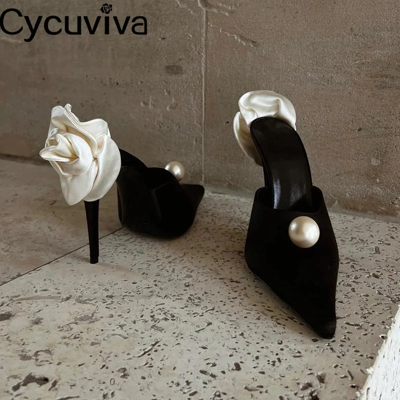 

New Flowers High Heels Women Slippers Black Silk Beaded Designer Mules Slides Half Slippers Summer Sexy Party Dress Shoes Women