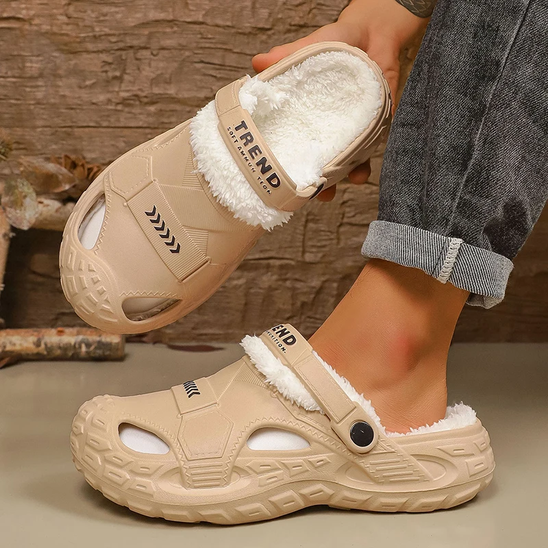 

Winter Men Clogs Slippers Warm Furry Slippers Soft Home Cotton Shoes EVA Fluff Slides Man Outdoor Plush Fur Clogs Big Size 48 49