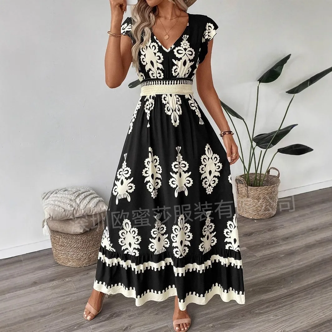

Summer Boho Women's Dress Fashion Simple V-neck Print Beach Vacation Style Print Maxi Tank Dresses For Women Sundress Vestidos