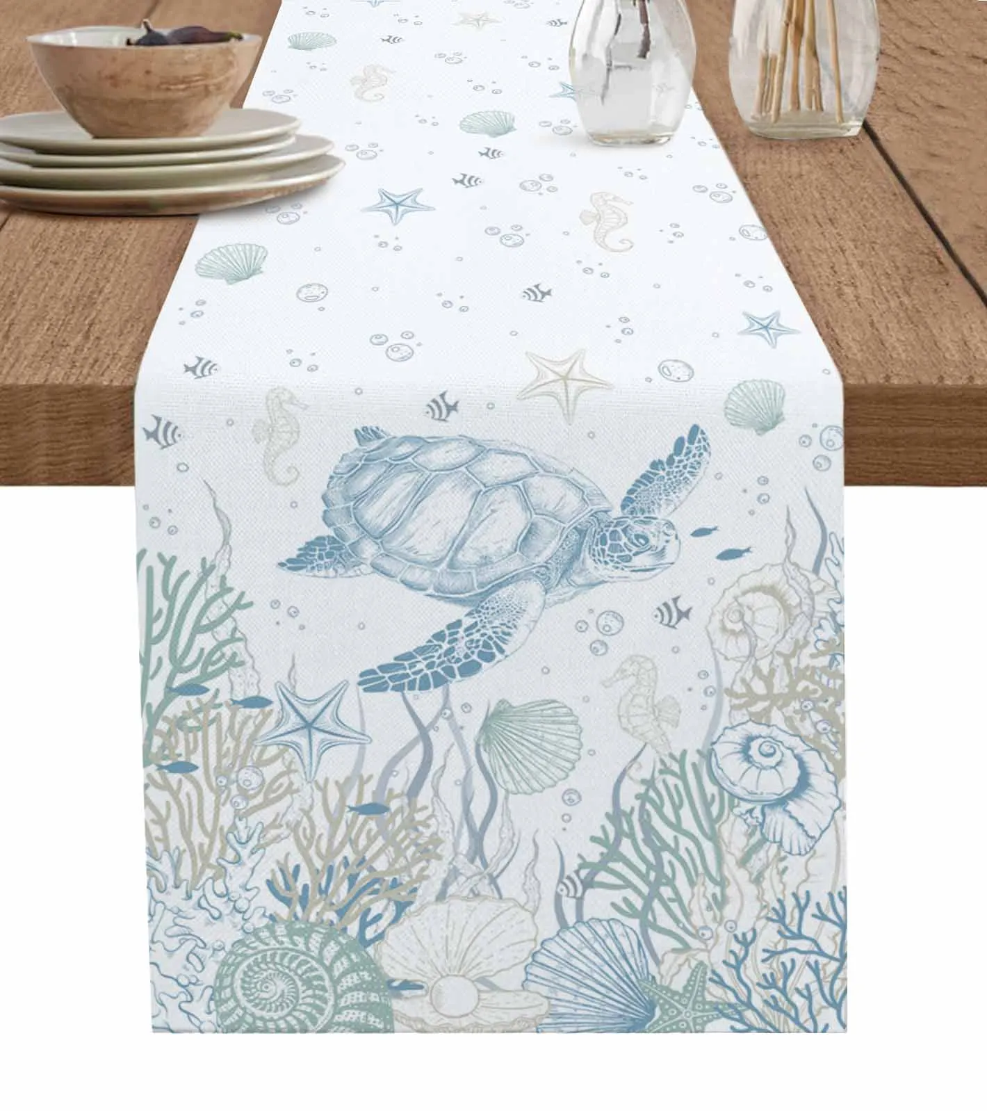 Summer Blue Green Marine Organisms  Wedding Decor Cake Tablecloth and Placemat Holiday Table Decor Table Runner