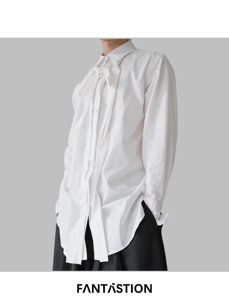 

FANTASTION vintage-inspired tuxedo shirt with pleated ribbon detailing long sleeve loose-fit oversized blouse for chic casual