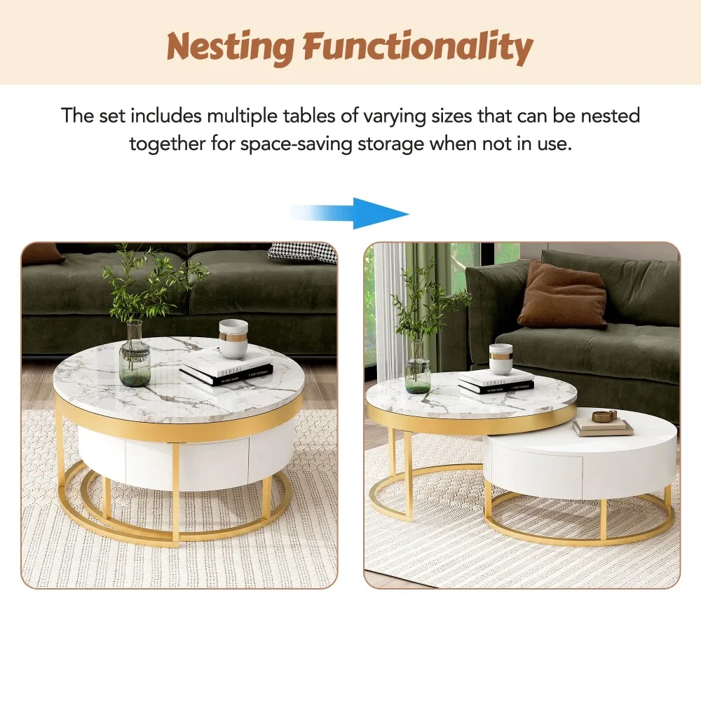Set of 2 Round Gold Nesting Coffee Tables with Storage Drawers image 4