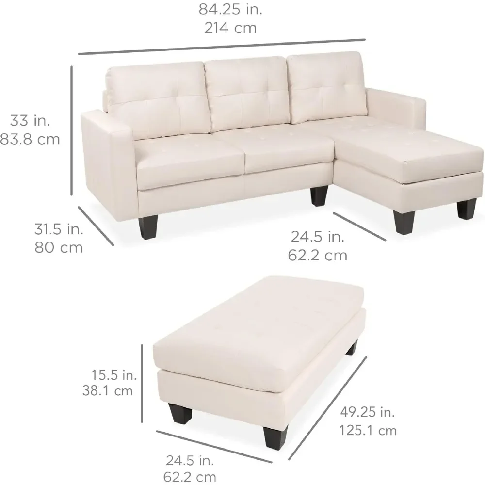 Sectional Sofa Couch Set with Chaise Lounge and Ottoman Coffee Table Tufted Faux Leather 3-Seat L-Shape Sofa