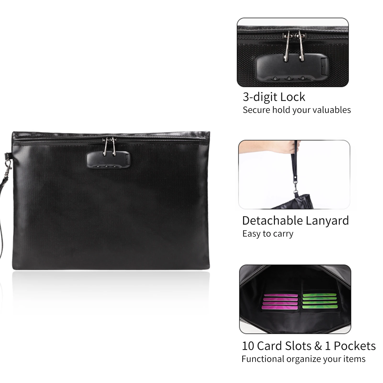 Fireproof Document Bag com Lock, Money Safety Organizer, Zipper Closure, Storage Pouch, Bolso com 10 Cards Slot para A4 File