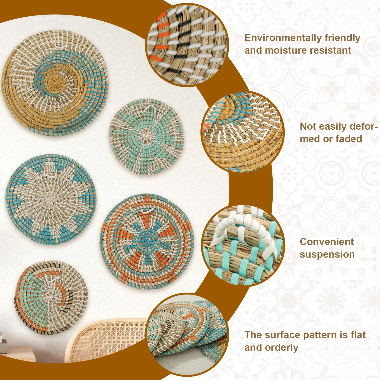 5/7Pcs Hanging Wall Basket Decor Boho Home Decorations Rattan Wall Decor Woven Rattan Seagrass Wall Decor Art Wall Hanging