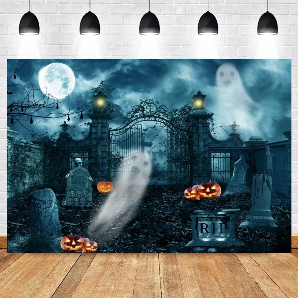 Halloween Party Decor Photography Backdrop Night Full Moon Pumpkin Lantern Gloomy Woods Horrible Cemetery Photo Background Props