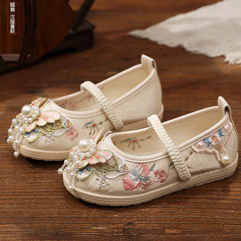 Girls Shoes Spring Autumn New Chinese Style Ancient Hanfu Embroidered Butterfly Mamian Skirt Kids Embroidered Shoes Summer