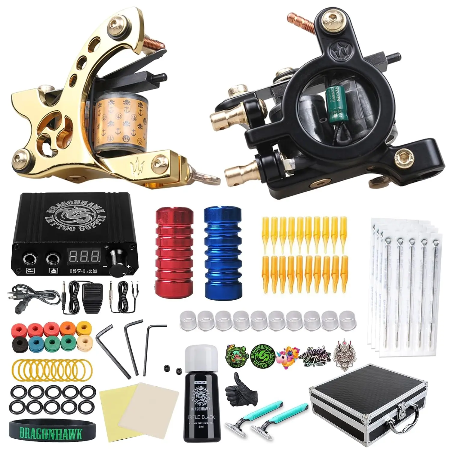 

Complete Tattoo Kit for Beginners with 2 Pro Machines, Power Supply, Inks, Needles & Tips