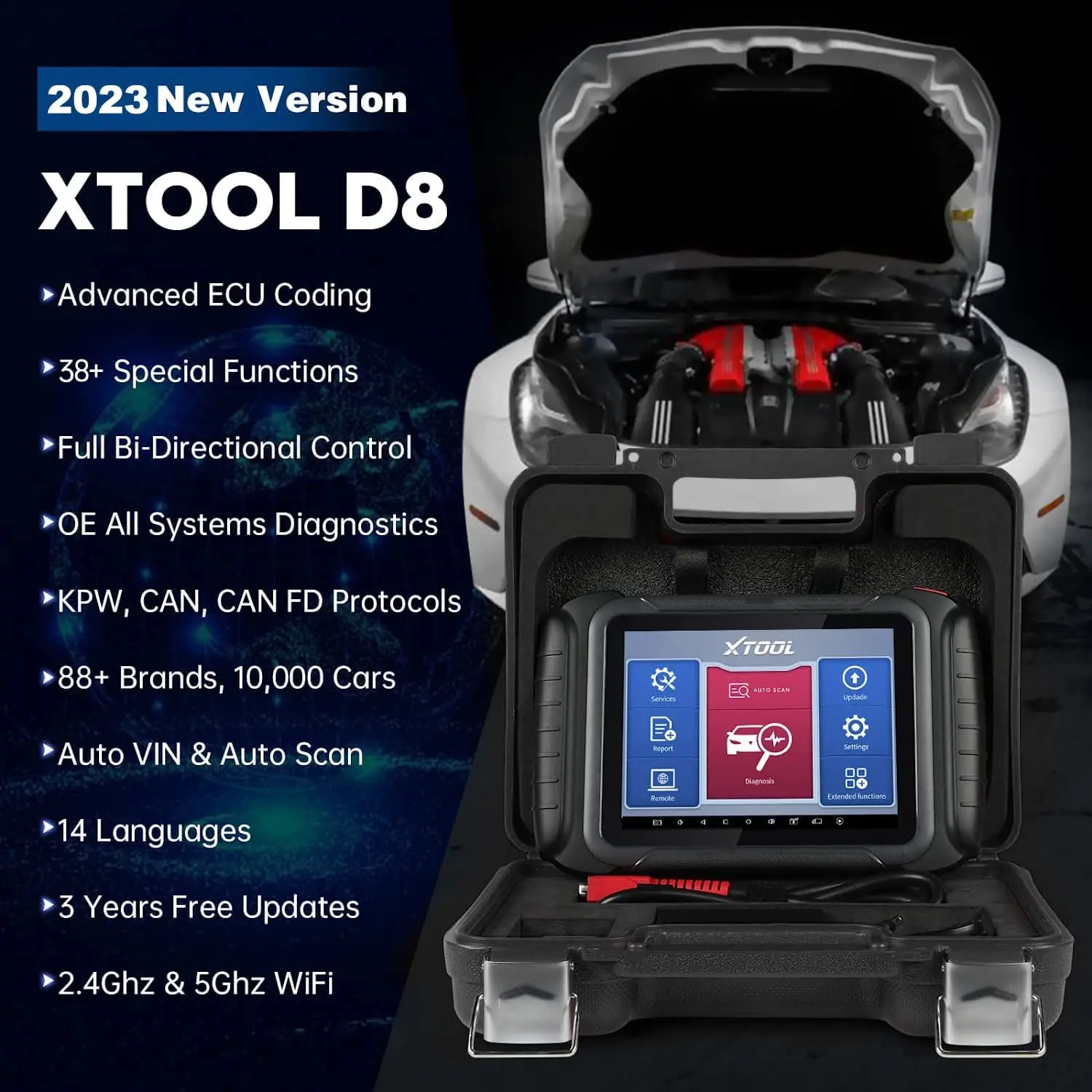 XTOOL D8 Automotive OE Full Diagnostic Scanner ECU Coding Bi-Directional Control Tool Key Programming 38 Services Support CAN FD