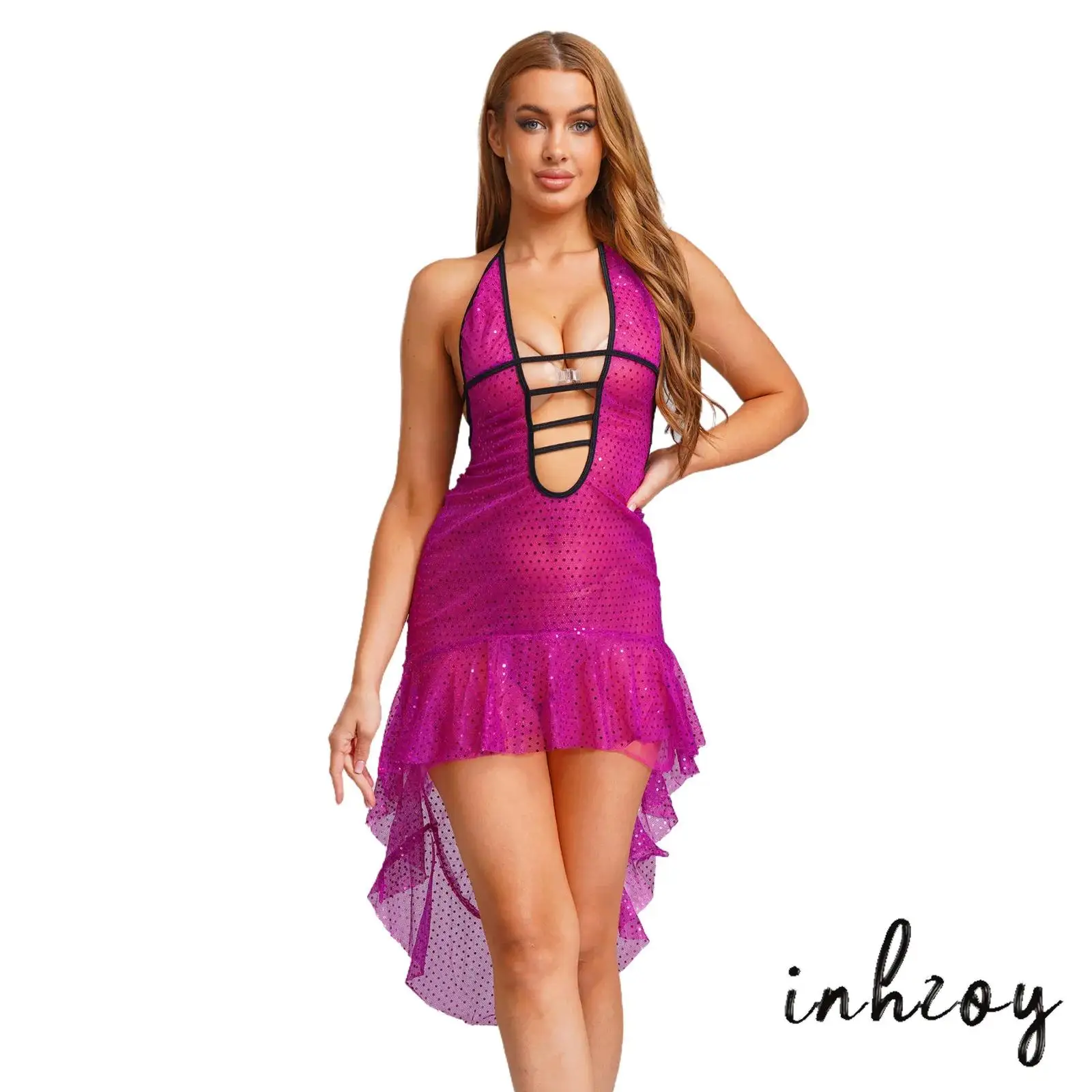 

Сексуальное женское блестящее облегающее платье с пайетками и Т-образной спинкой на шнуровке с лямкой на шее и открытой спиной с глубоким вырезом и рюшами Прозрачное клубное платье Ночное белье