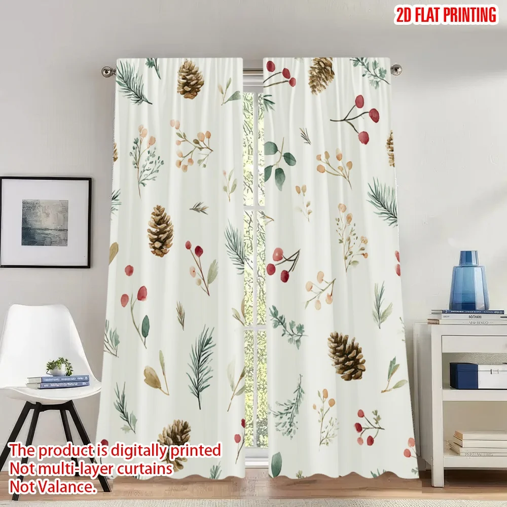 

2pcs 2D flat printing Christmas Hot Party Curtains Christmas Pine Cone Mistletoe Berries Digital Printed Polyester Drapes Family