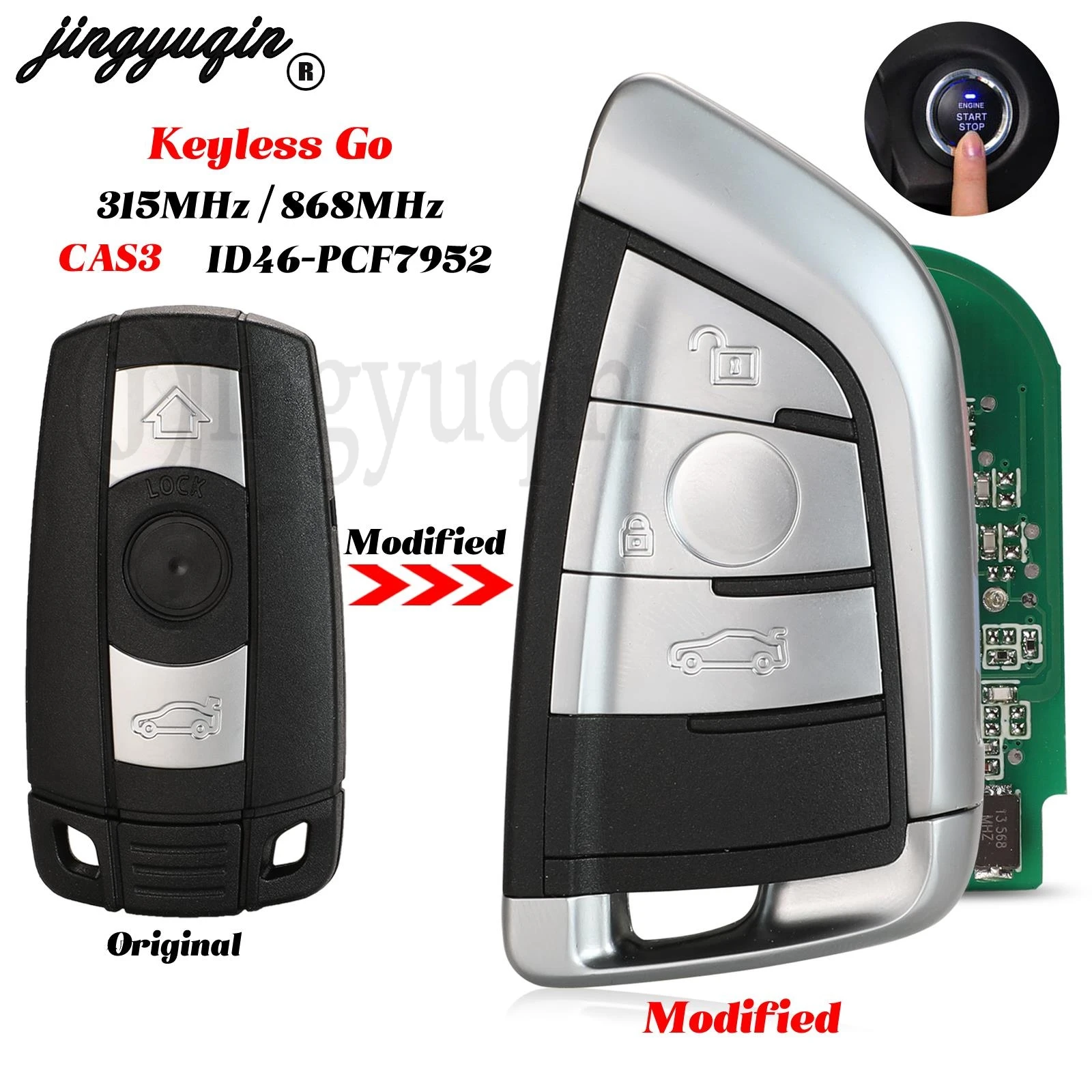 

jingyuqin Modified CAS3 Keyless Go Smart Remote Car Key for BMW 3/5/6 Series X5 X6 315MHz /868MHz PCF7952 Chip 3Buttons