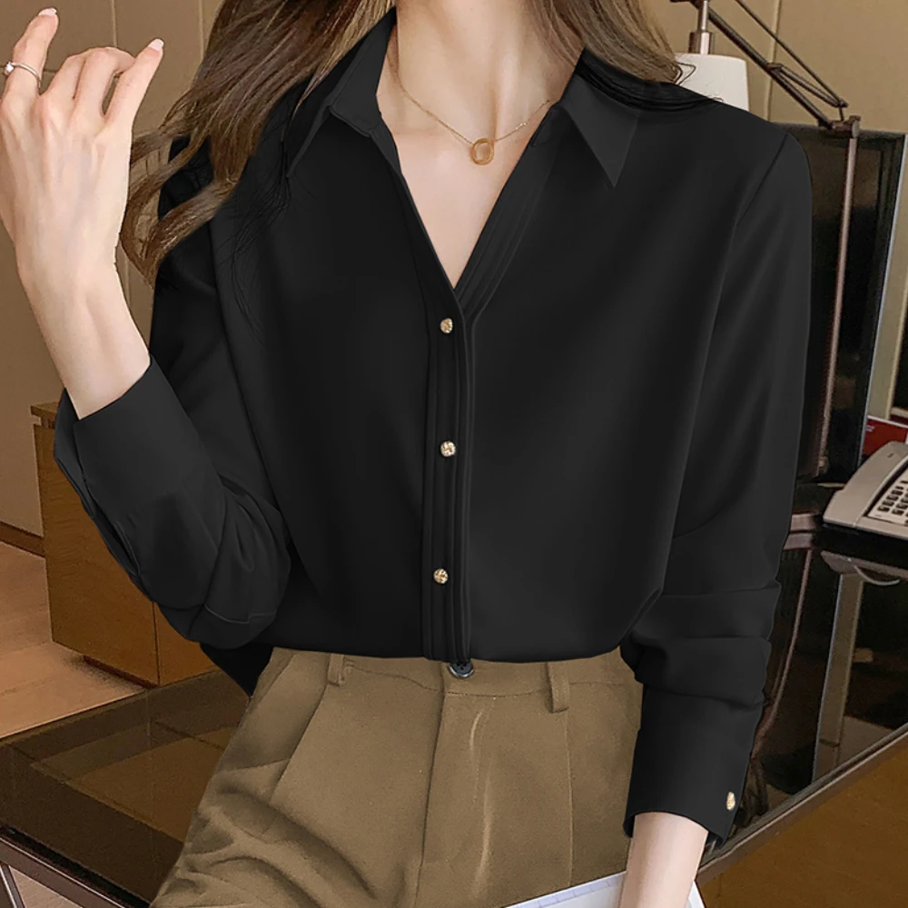 Korean Fashion Office Lady Shirts Chiffon Blouses Women Long Sleeve Tops Woman Vintage White Shirt Blouse Blusas Mujer Moda 2024