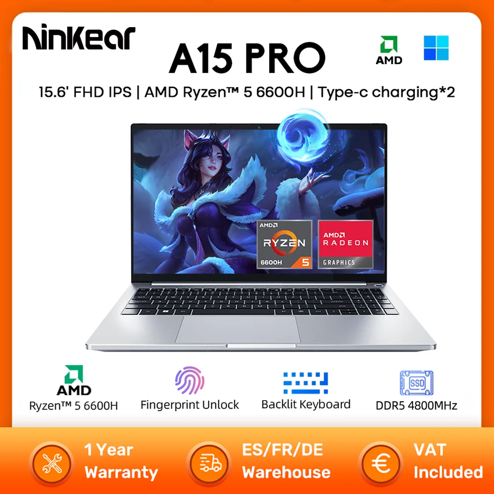 Ninkear A15 PRO Laptop 15.6' FHD IPS AMD Ryzen™ 5 6600H up to 4.5 GHz 32GB DDR5 1TB SSD WIFI6 Windows 11 Office Computer