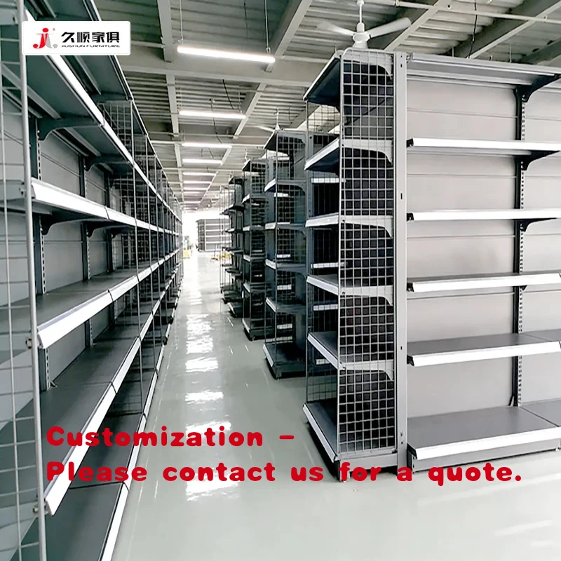 

custom.Jiushun Durable Double-Sided Metal Steel Gondola Supermarket Display Shelves Glocery Retail Store Shelving Racks Sale