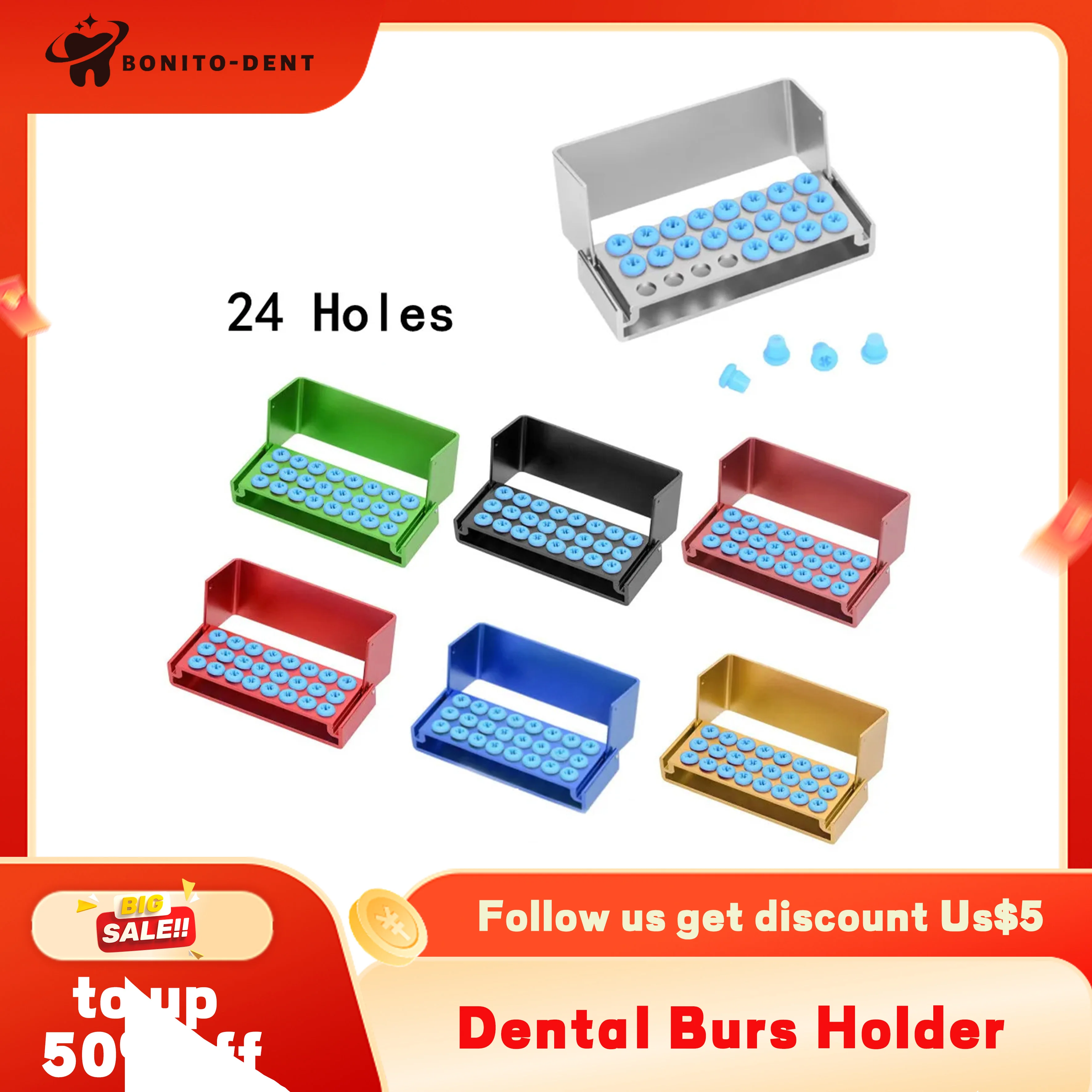 Soporte para fresas dentales de aluminio, 16 24 y 40 agujeros, caja esterilizadora, bloque de taladros para caja organizadora de fresas de alta/baja velocidad con herramienta de silicona