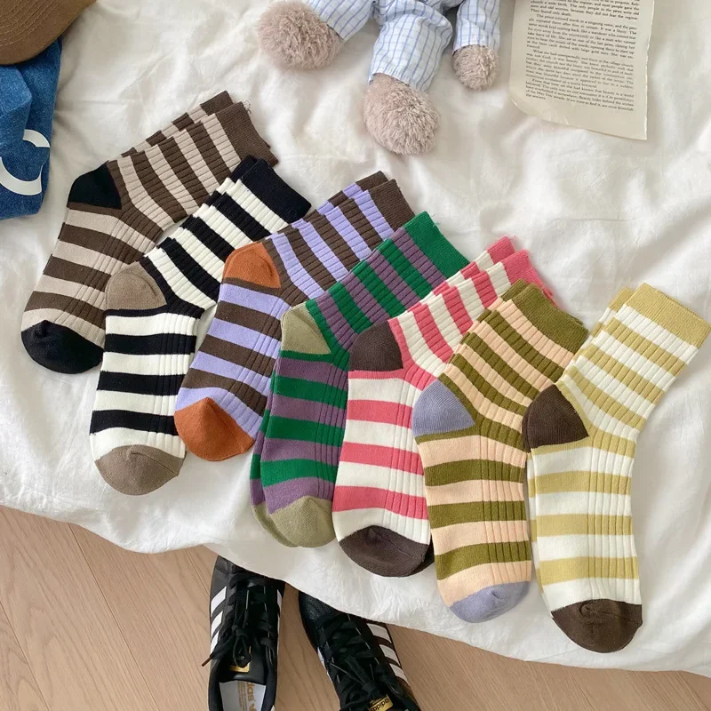 

Socks Women Autumn Spring Korea Style Harajuku Street Sport Cotton Stripes Casual Skateboard Mid-tube Sock Calcetines Mujer