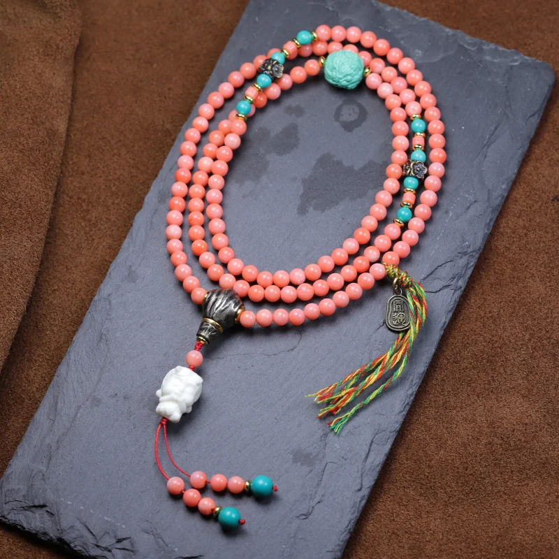 

Imitation Coral Ornament Multi-Circle Bracelet Tibetan Sea Buddha round Beads Necklace