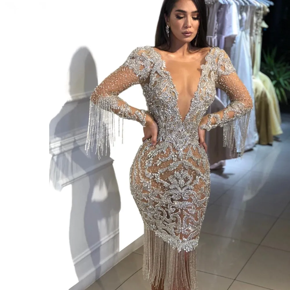 

Dubai Luxury Cocktail Dresses Long Sleeves Deep V Neck Sequined Illusion Sexy Robe De Soiree Evening Party Gowns with Tassels